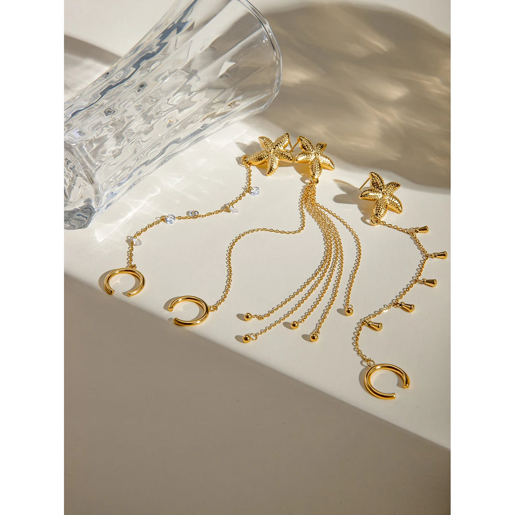 18K forgyldt udsøgt geometrisk rustfrit stålStarfish Multi Layer kvast Vanddråbe øreclips Dame Statement smykker