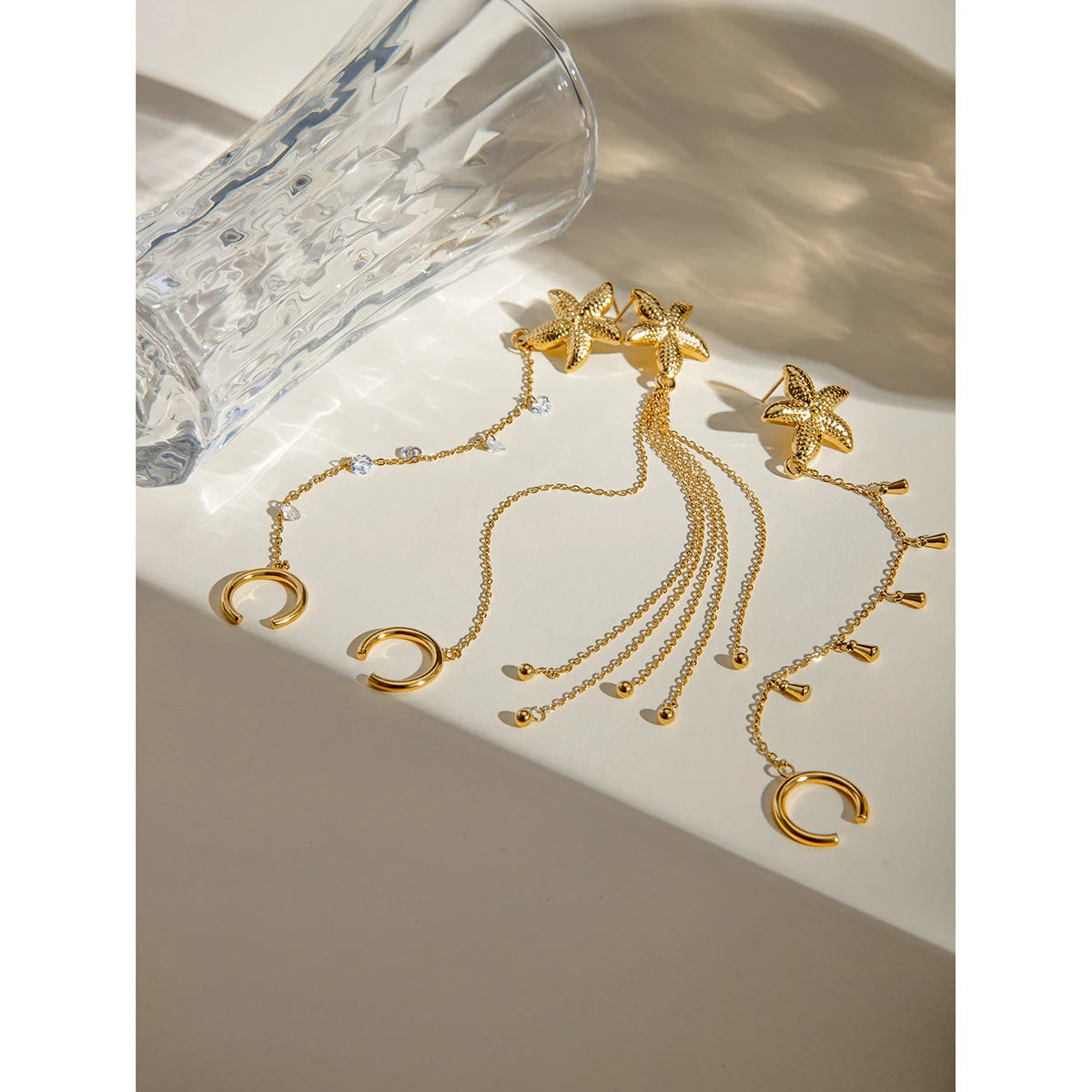 18K forgyldt udsøgt geometrisk rustfrit stålStarfish Multi Layer kvast Vanddråbe øreclips Dame Statement smykker