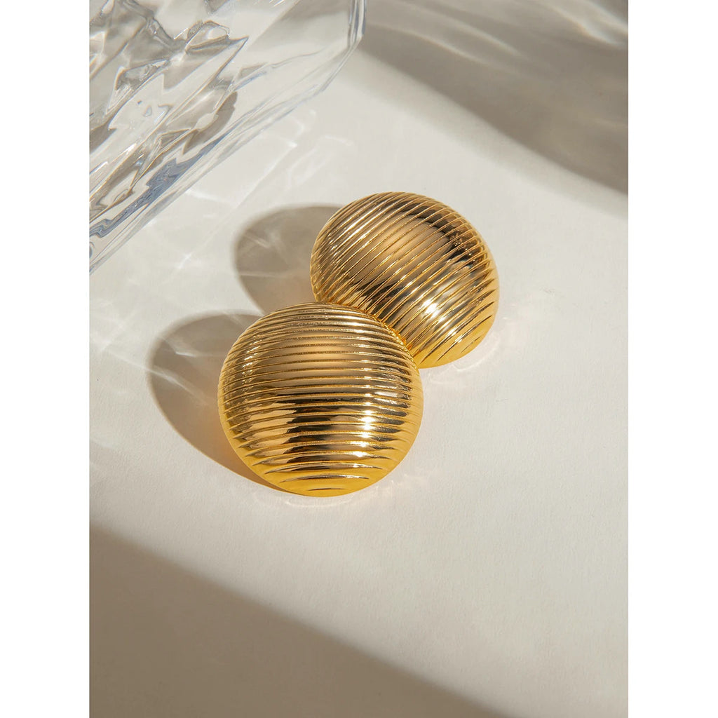 18K Gold Plated Metalic Geometric Stainless Steel Horizontal Stripes Round Type Button Earrings Women Trendy Jewelry Gala Gift