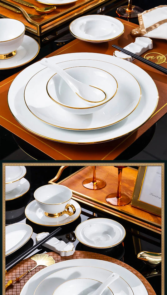 Jingdezhen tableware set, hotel tableware, dishes, gifts, handmade gilt edged dining plates, household dining plates