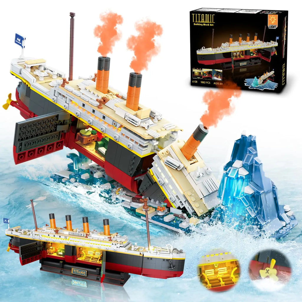 Titanic Building Set with LED-2 in 1 Titanic Ship Mini Block Ship Model with Glacier Display Stand Toy Gift for Adults Kids10+