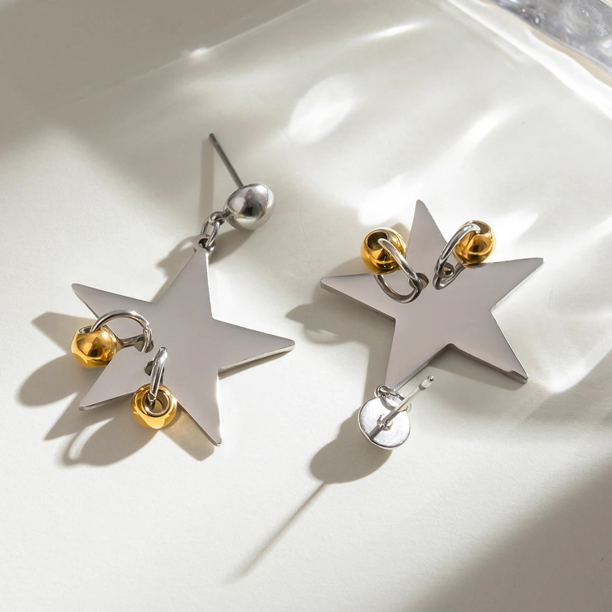 18K Gold Plated Stainless Steel Vintage Smooth Pentagonal Star Hanging Steel Circle Earrings Women Charms Metal Daily Jewelry