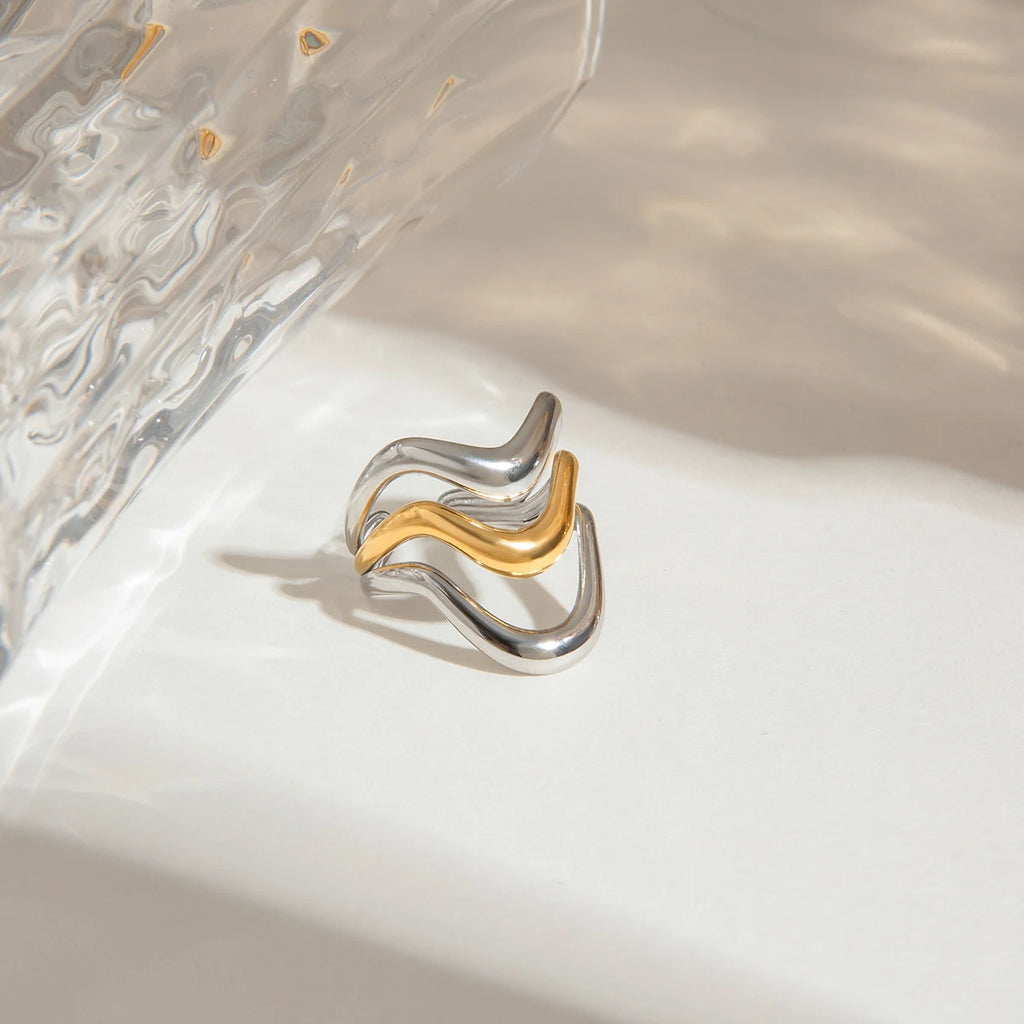 Gold Silber Farbe Passend Wellenförmiger Unregelmäßiger Flüssiger Offener Ring 18K PVD Beschichtet Damen Anti-Allergisch Metall Charm Täglicher Schmuck