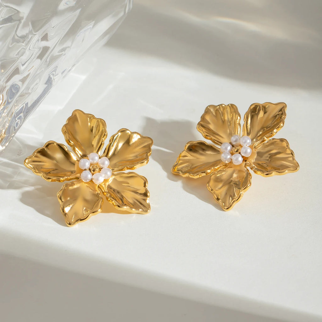 Trendy 18k Stainless Steel Vintage Imitation Shell Bead Flower Texture Earrings Women Statement Texture Rust Proof Jewelry