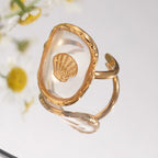 Ovaler 18K vergoldeter Edelstahl-Oval-Muschel-Skallop-Hammer-Offener-Endring für Damen, anti-allergischer Charme, täglicher Schmuck, Bijoux