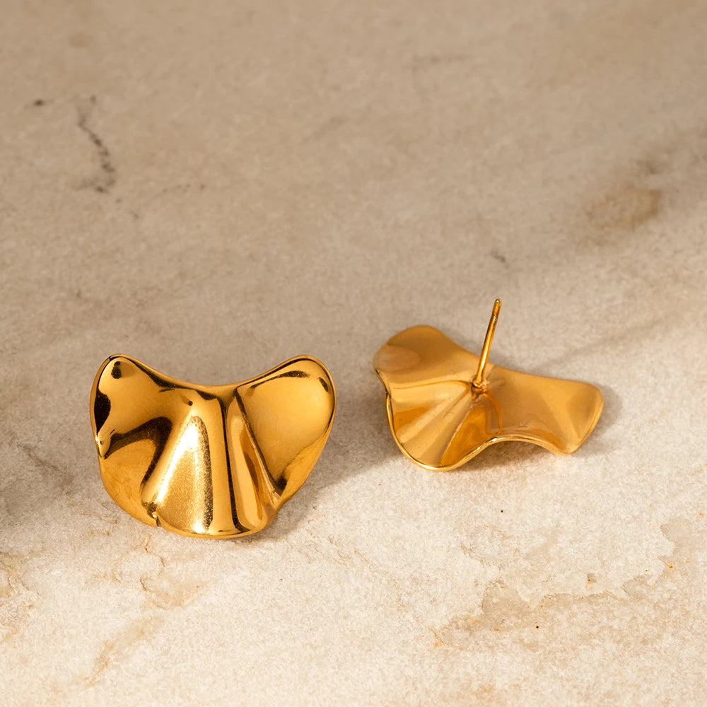 Stainless Steel 18k Gold Plated Minimalist Metal Textured Irregular Convex Stud Earrings Waterproof Femme Chic Stylish Jewelry