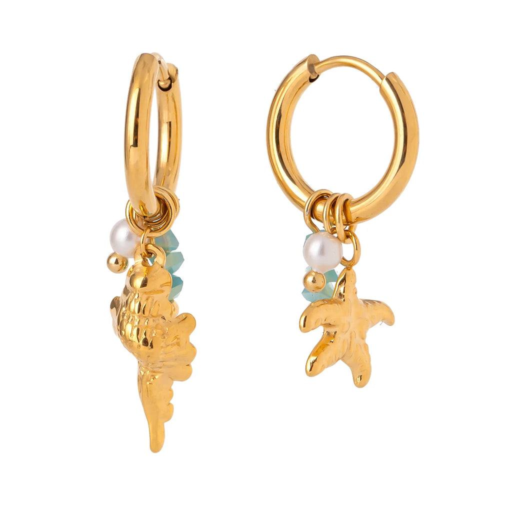 Zora Ocean Style Charm Drop Earrings Gold Plated Stainless Steel Conch Starfish Imitation Pearl Crystal Waterproof Jewelry