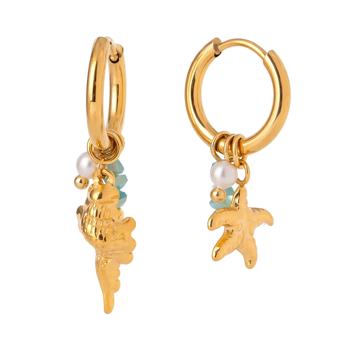 Zora Ocean Style Charm Drop Earrings Gold Plated Stainless Steel Conch Starfish Imitation Pearl Crystal Waterproof Jewelry