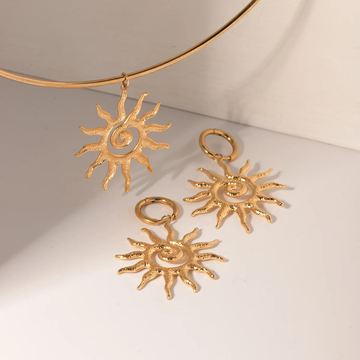 Stainless Steel Geometric Fashion Spiral Sunflower Pendant Necklace/Earrings 18K Gold Plated Prevent Allergy Statement Jewelry - Grand Goldman
