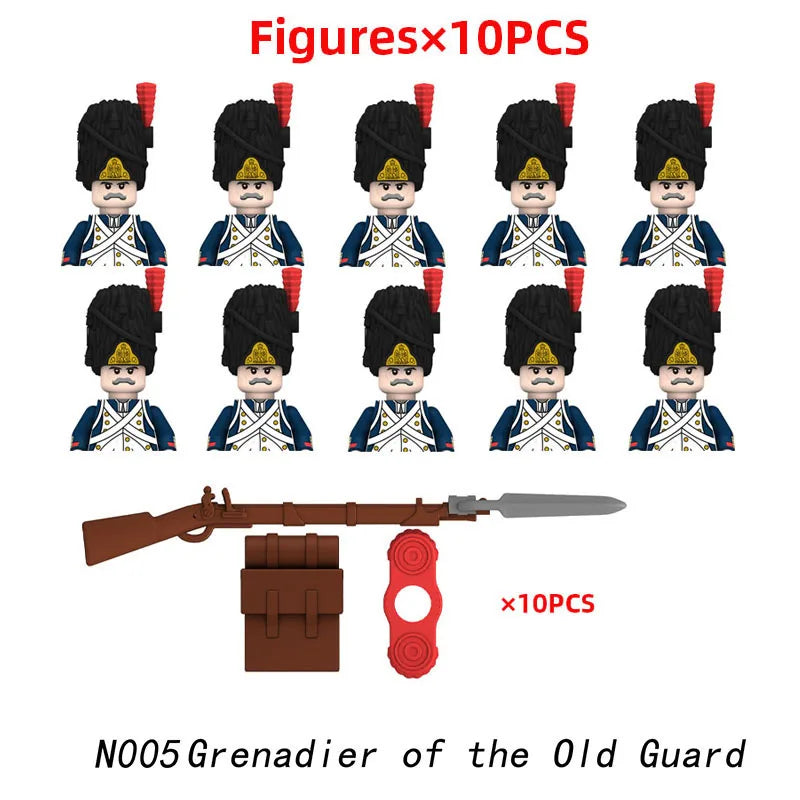 10pcs Napoleonic Wars Military Soldiers Building Blocks WW2 Mini Figures French British Fusilier Rifles Weapons Toys For Kids