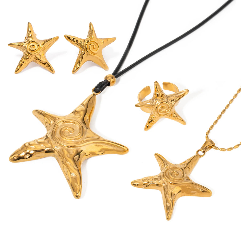 Summer Beach 18k Gold Plated Stainless Steel Vintage Threaded Starfish Necklace Earrings Open Ring Set Women Charm Jewelry Gift
