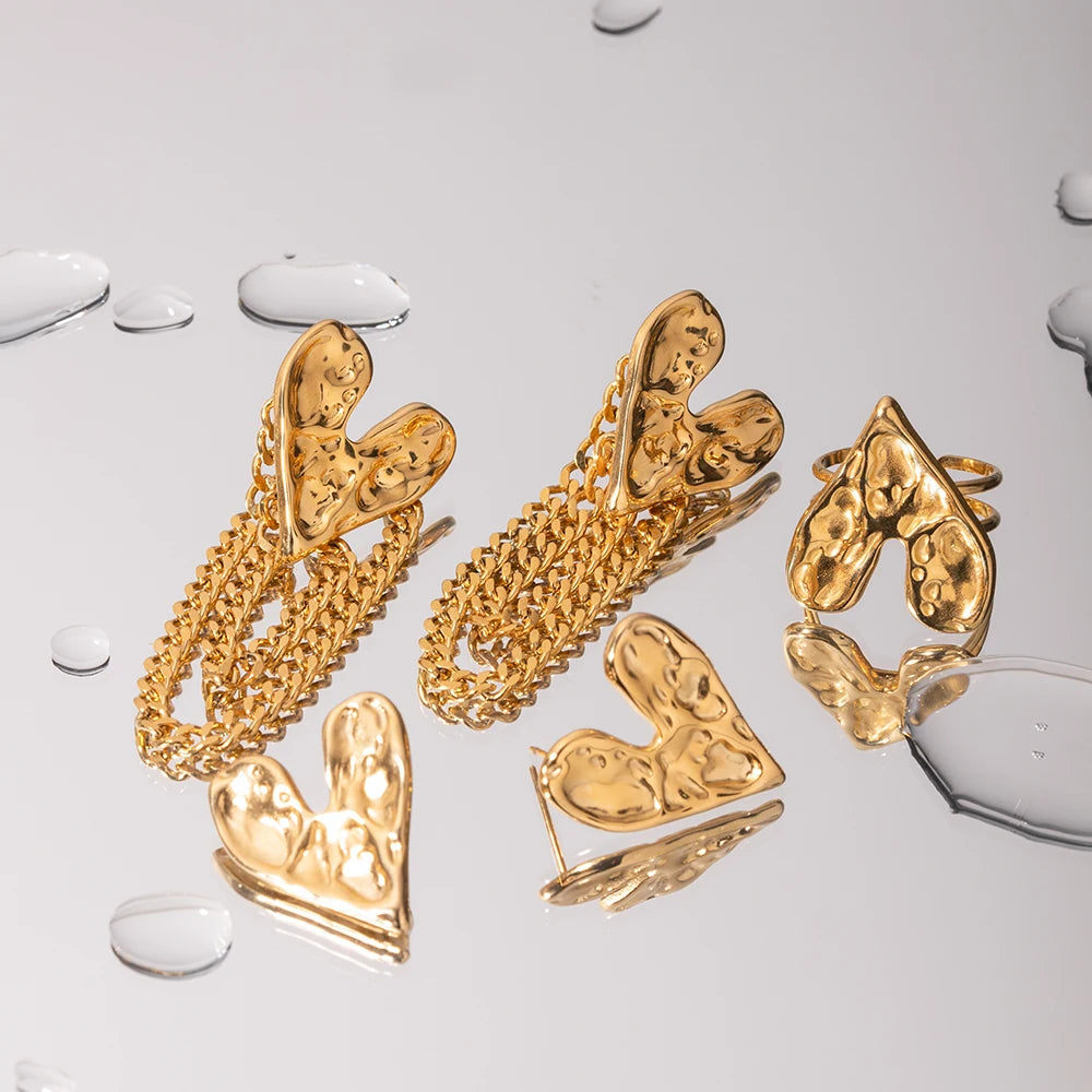 Rustfrit stål Vandtæt Hammer Korn Hjerte Ring / Tassel Stud Series Charm Guld Farve 18K PVD Belagt Statement smykker