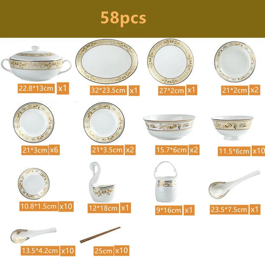 Luxury Tableware Set Golden Bone China Ceramic Plates Dinner Set 58pcs Royal Porcelain Dinnerware