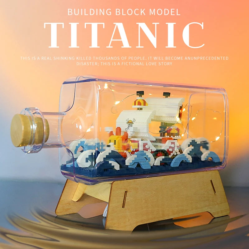 Popular Mini Building Block Toy One Piece Boat Thousand Sunny Pirate Ship RMS Titanic Drift Bottle Micro Bricks Assembled Models