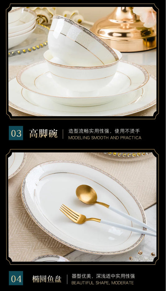 Vaisselle en porcelaine à 56 têtes avec bordure dorée simple de style européen Jingdezhen, combinaison de bol et d'assiette en céramique