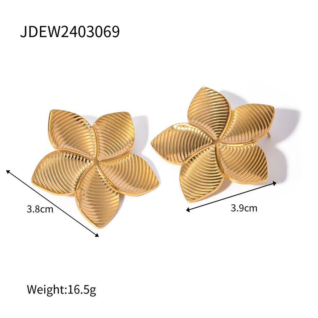 Light Luxury 18K Plated Stainless Steel Golden Flower Leaf Design Earrings Ring Set Women Vintage Fashion Personality Jewelry
