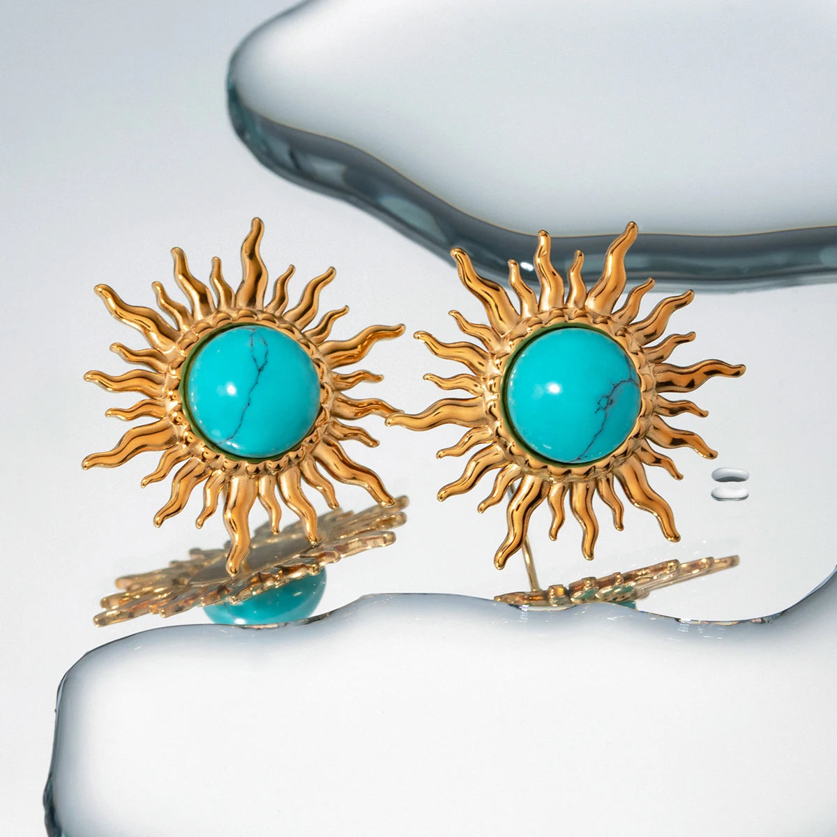 18k Gold Plated Stainless Steel Turquoise Inlay Sunflower Shaped Dangle Earrings Stylish Trendy Waterproof Jewelry for Women