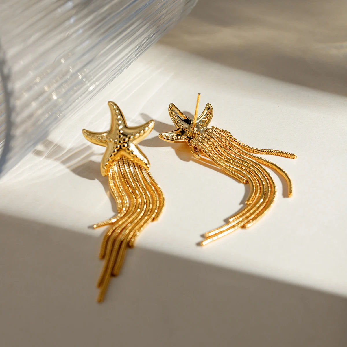 Edelstahl Chic Lange Kette Quaste Seestern Tropfen Hängende Ohrringe Damen 18K PVD Beschichtet Wasserdicht Temperament Stilvoller Schmuck