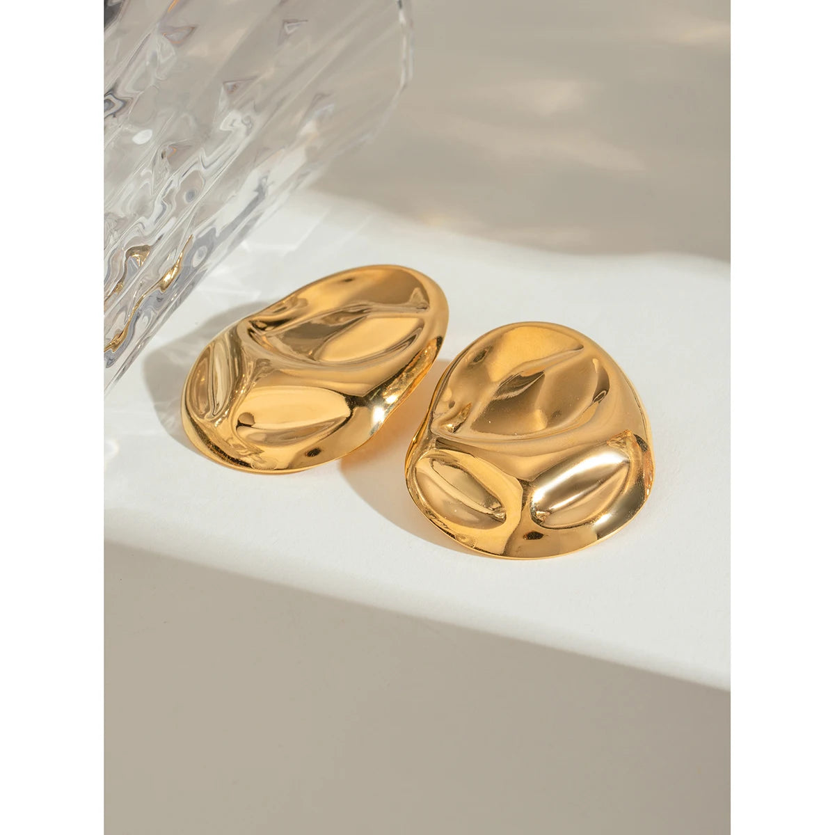 Mode Anti-Allergisch Edelstahl 18K Oval Große Glänzende Hammerschlag-Textur Ohrringe Damen Rostfrei Attraktiver Schmuck
