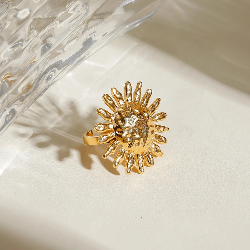 Anti-Allergisch 18K vergoldeter, sonnenblumenförmiger Öffnungsring aus Edelstahl für Damen, freier Temperament-Charme, täglicher Schmuck