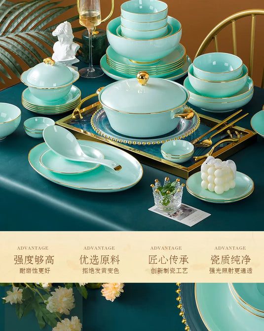 Jingdezhen let luksus benporcelæn Håndmalet guldkantskål tallerkenkombination, Celadon servicesæt til husholdningsbrug