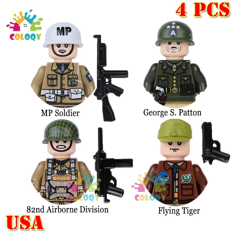 Kids Toys WW2 Building Blocks 4pcs/set US UK Soviet Soldiers Mini Action Figures Educational Toys For Kids Boys Christmas Gifts