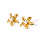 2024 Delicate Stainless Steel 18k Gold Stainless Steel Flower Shaped Earrings Inlay With Pearls Light Cozy Jewelry for Women - Grand Goldman