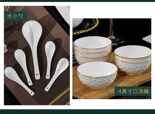 Jingdezhen Ceramic Tableware Set, Hand-painted Phnom Penh Water Cube Creative Bone Porcelain Bowls and Dishes for Home Use