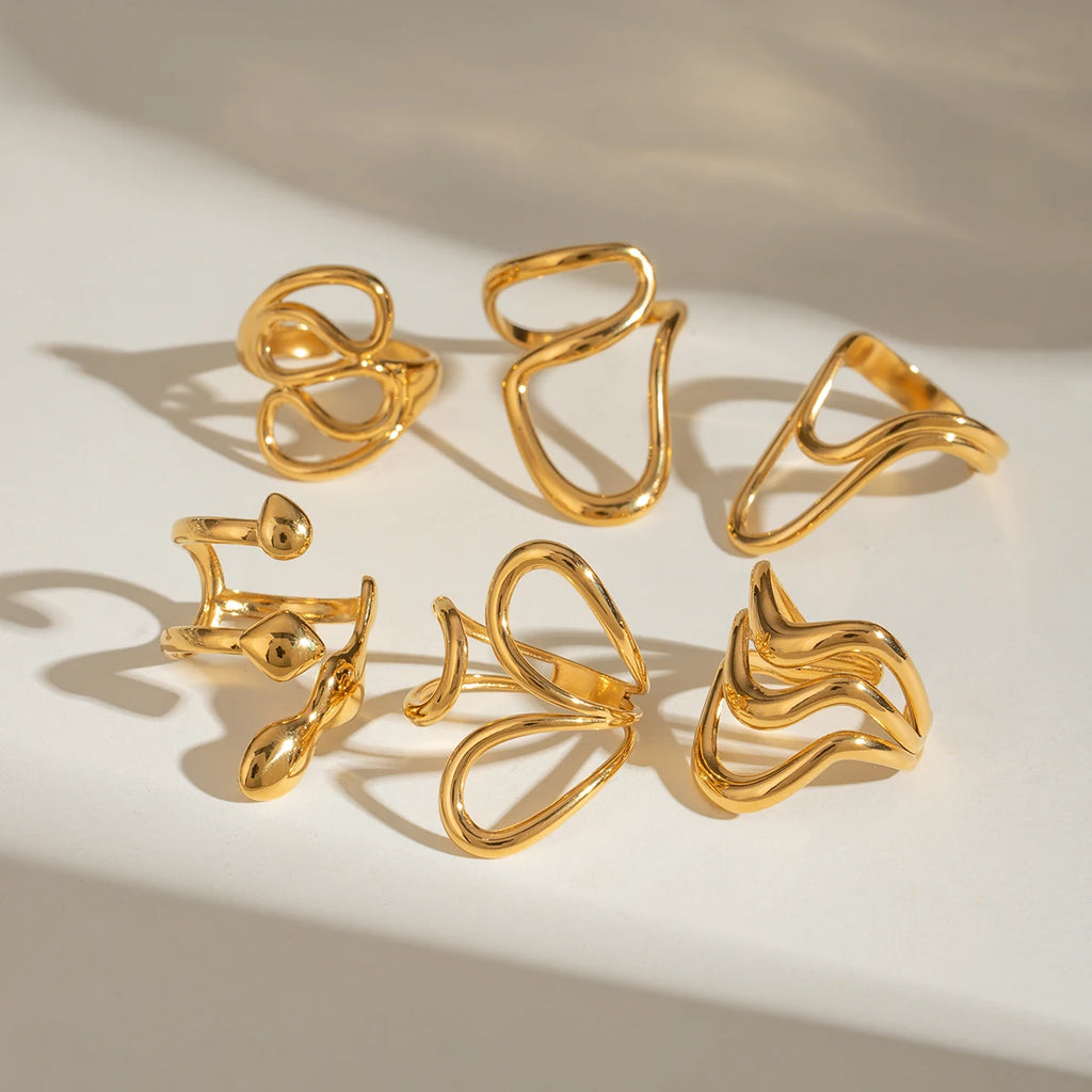 18K Goud Vergulde Bedel Onregelmatige Vloeibare Niche Uniek Lijnontwerp Open Ring Dames Hoge Kwaliteit Roestvrijstalen Sieraden Geschenk