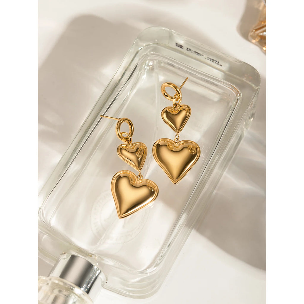 Brincos Pingente de Amor Duplo Coração Banhados a Ouro 18K em Aço Inoxidável, Antioxidante, Joia de Alta Qualidade para Mulheres, Presente