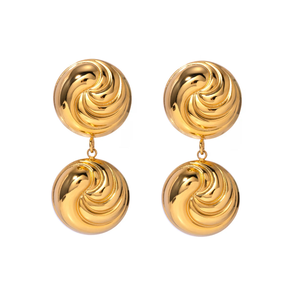 Brincos de Pingente Redondo Convexo com Fio Banhados a Ouro 18K em Aço Inoxidável Personalidade Declaração Estilo Joias Femininas à Prova d'Água
