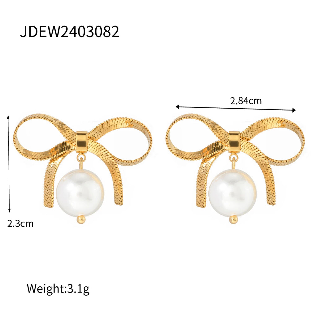 Boucles d'oreilles pendantes en acier inoxydable plaqué or 18 carats avec nœud papillon et perle blanche, étanches, texture métallique simple, bijoux tendance pour femme