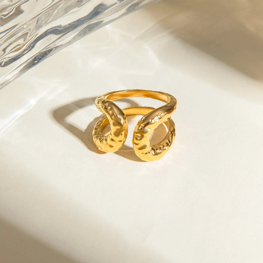 18k guldbelagt stilfuldt unikt enkelt dobbeltlags hammerkorn åben ring rustfrit stål anti-allergene smykker til kvinder