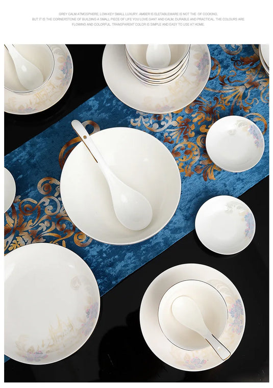 Zimo Flower Phnom Penh Bone Porcelain Tableware, Household Light Luxury Ceramic Bowl and Spoon Set, Bowl and Plate Combination