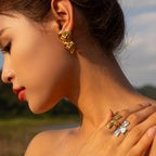 Double Heart Shaped Stainless Steel 18K Gold Plated Liquid Hammer Grain Half-3D Earrings Light Luxury Tarnish-proof Jewelry - Grand Goldman