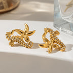 Orecchini in acciaio inossidabile semplici con cavalluccio marino, stella marina, pezzo unico, strass, metallo anti-allergico, gioielli placcati in oro 18K PVD Bijoux