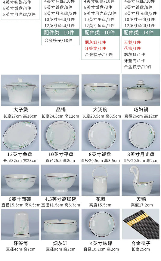 Jingdezhen Bone Porcelain Bowl and Plate Set, Ceramic Tableware Bowl and Chopstick Set