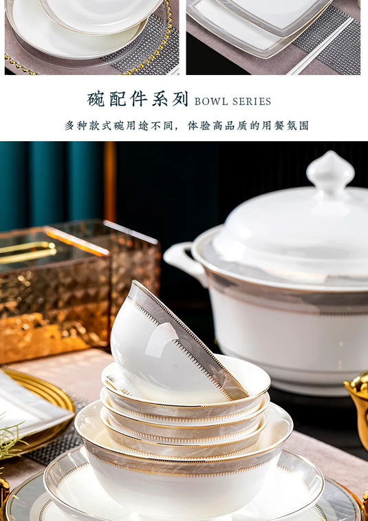 Vaisselle en céramique Jingdezhen, ensemble de bols, assiettes, cuillères, ensemble complet de bols et plats en porcelaine d'os, ensemble ménager