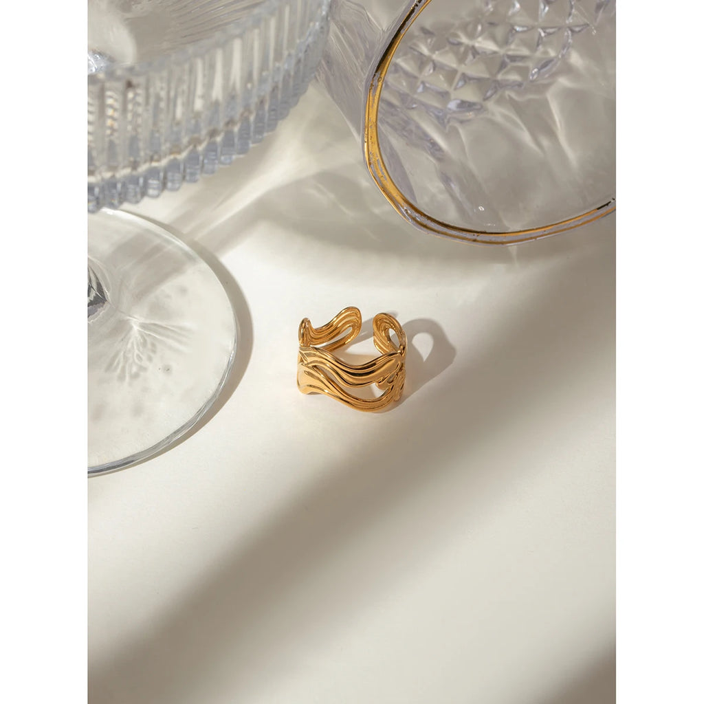 18k Goud Vergulde Stijlvolle Unieke Eenvoudige Dubbele Laag Golvende Draad Open Ring Roestvrij Staal Vrouwen Anti Kenmerkende Sieraden