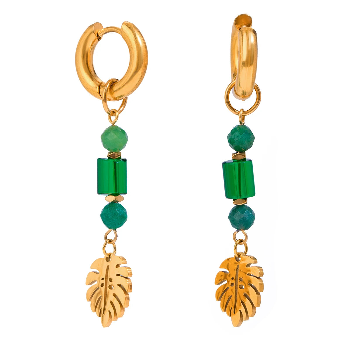 Boucles d'oreilles créoles feuille en cristal de pierre naturelle plaquées or 18 carats pour femmes, bijoux de mode en acier inoxydable de haute qualité, cadeau de gala