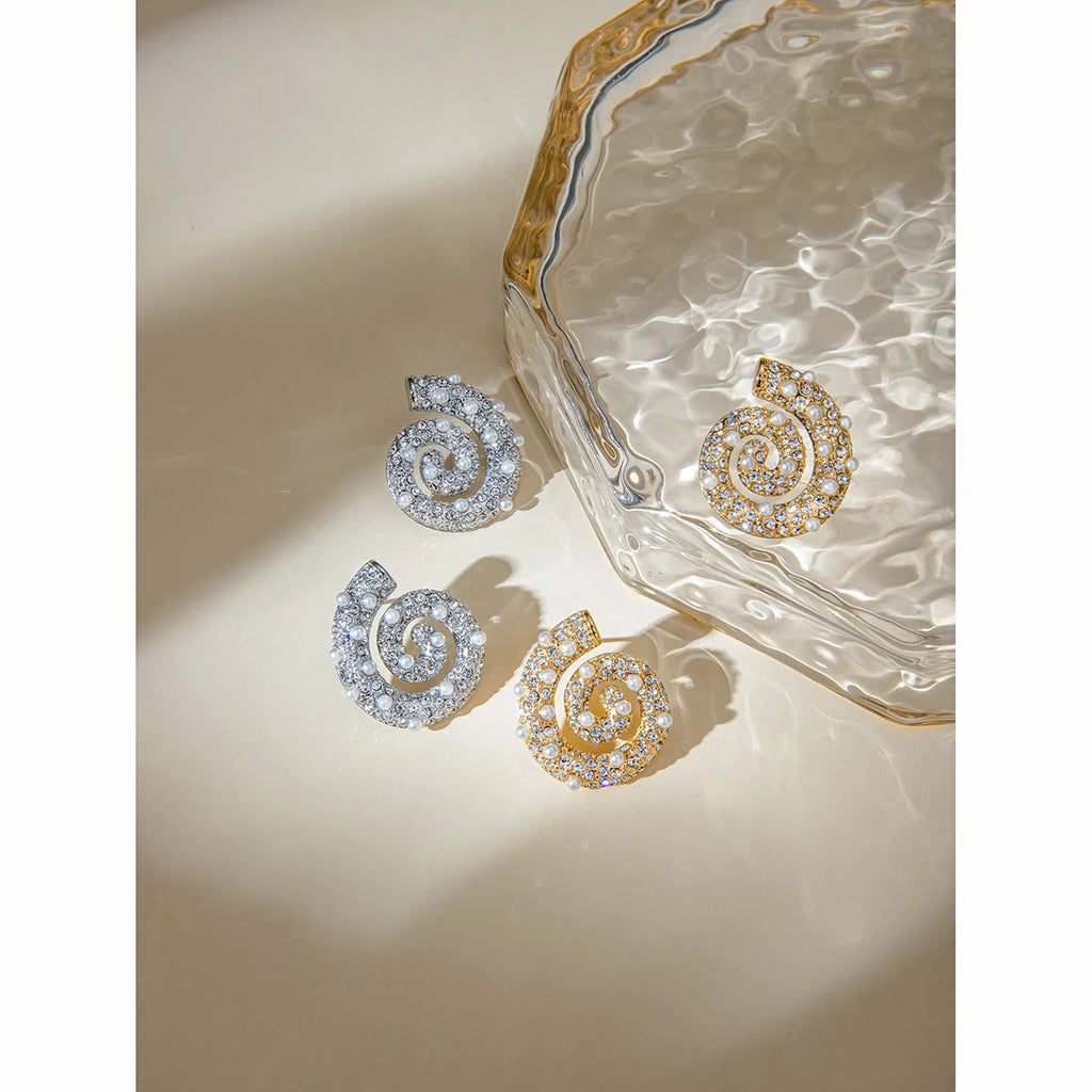 18K vergoldete exquisite Imitationsperlen geometrische Edelstahl-Ohrringe mit Gewinde und eingelegten Strasssteinen, Charmschmuck für Damen