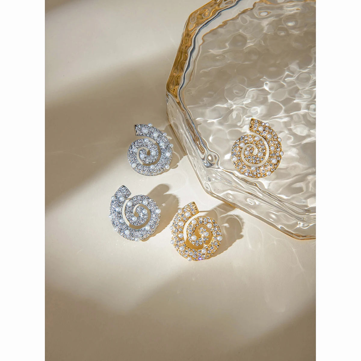 18K Gold Plated Exquisite Imitation Pearls Geometric Stainless Steel Threaded Earrings Inlay Rhinestone Women Charm Jewelry