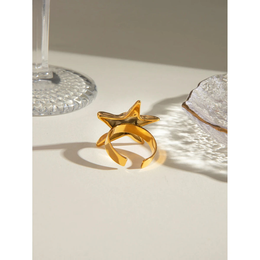 Anillo abierto vintage de estrella de mar roscada de acero inoxidable chapado en oro de 18k para mujer, encanto, joyería dorada elegante, regalo de verano para la playa