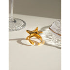 Anillo abierto vintage de estrella de mar roscada de acero inoxidable chapado en oro de 18k para mujer, encanto, joyería dorada elegante, regalo de verano para la playa