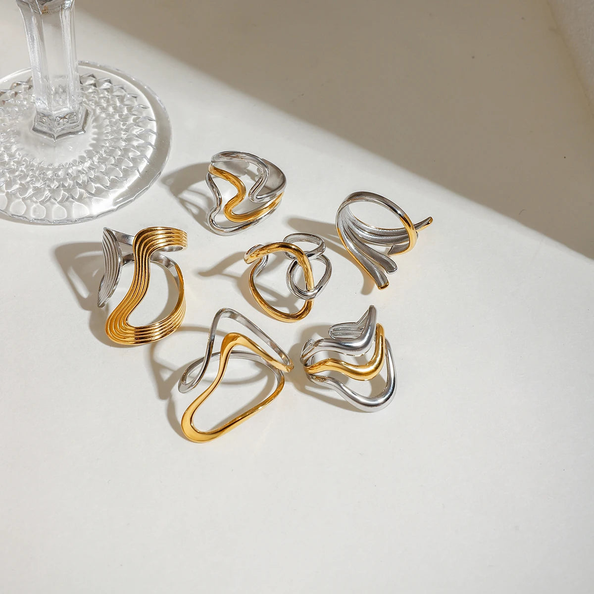 Gold Silber Farbe Passend Glatt Unregelmäßig Gewunden Offener Ring 18K PVD Beschichtet Damen Anti Allergisch Metall Charm Täglicher Schmuck