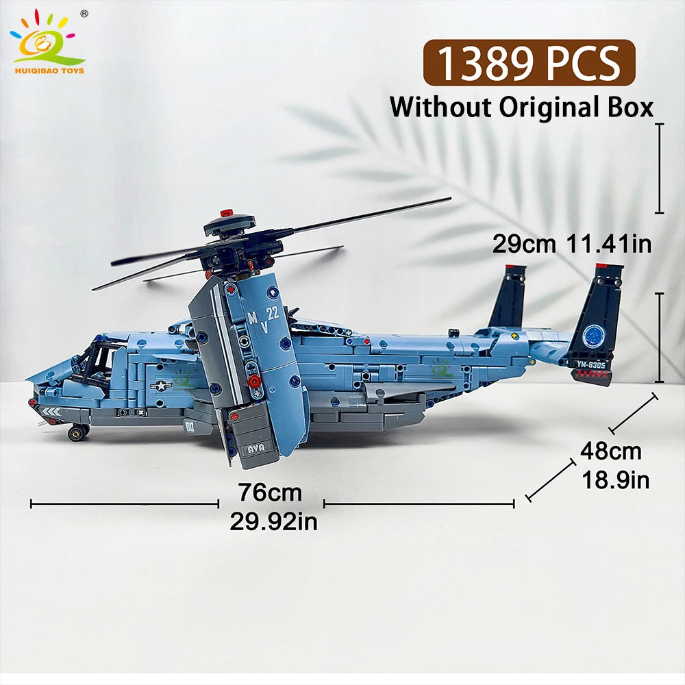 HUIQIBAO MOC 1389PCS V-22 Tiltrotor Aircraft Helicopter Building Block Children Military Airplane model Bricks Toy home Decor.