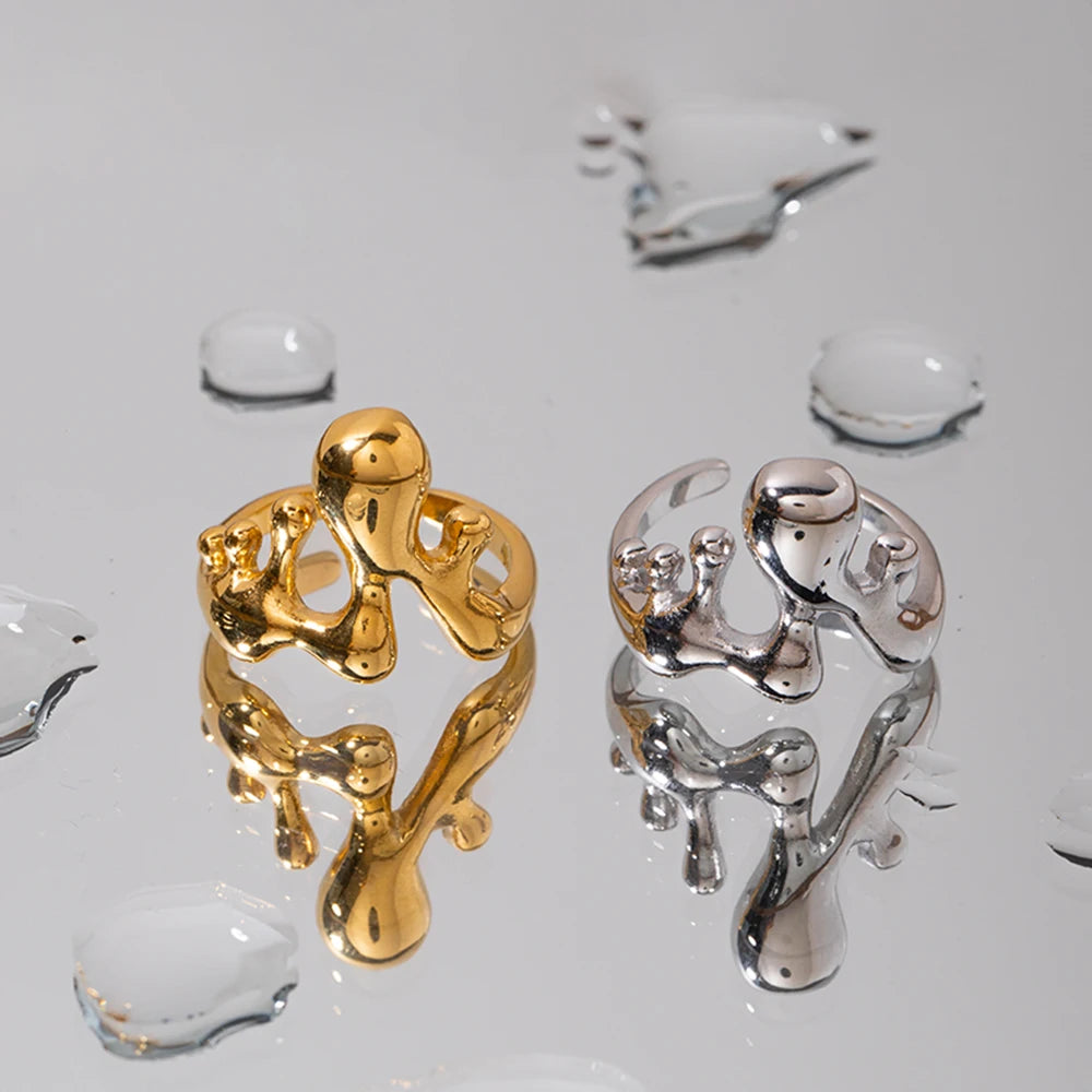 Edelstahl Unregelmäßiger Geometrischer Flüssiger Schmelz Offener Ring 18K Gold PVD Beschichtet Glatt Trendiger Modischer Charme Ring Für Frauen