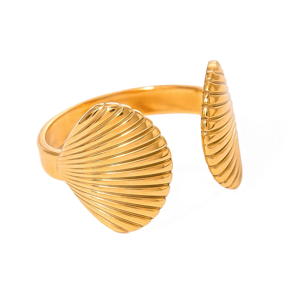Muschelschalenstrukturierte 18K goldbeschichtete Zwei-Muschel-Öffnungsringe aus Edelstahl, klobiger, anlaufsicherer Damenmode geometrischer Ring
