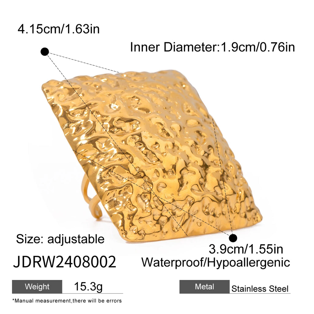 18K Edelstahl wasserdichter quadratischer konvexer Hammerkorn offener Ring für Frauen, anti-allergisch, eleganter Charme, täglicher Strand-Schmuck