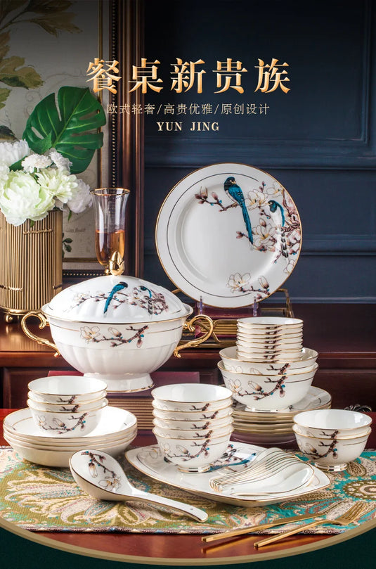 Jingdezhen Ceramic Tableware 10 Personal Tableware Set Gold Painted Household Bowls, Dishes, Bone Porcelain Set